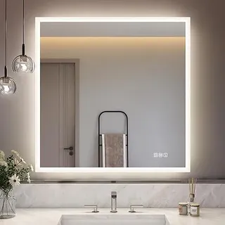 Led Badezimmerspiegel 80x80 Cm Mit Bluetooth, Beschlagfrei, 3 Lichtfarben Einstellbar, Dimmbar, Mit Speicherfunktion, Schutzart Ip44, Aus Gehärtetem Glas, Wandmontage Horizontal Oder Vertikal , S'Bagn