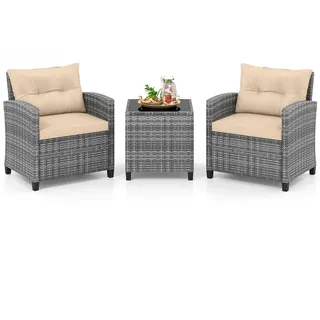 FANTASK 3-TLG. Rattan Gartenmöbel Set, 2 Gartensessel mit Kissen & Tisch mit gehärteter Glasplatte, Balkonmöbel Wetterfeste, Terassenmöbel, Sitzgruppe 2 Personen für Garten Balkon (Beige)