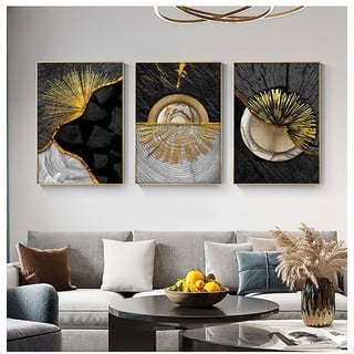 JLCZBT Wohnzimmer Deko Bilder Schwarz Gold Jahresring Leinwand Nordic Art Wandbild Print Bilder Modern Schwarz Weiß Gold Poster Ohne Rahmen x3 (A+B+C,60x90cm*3)