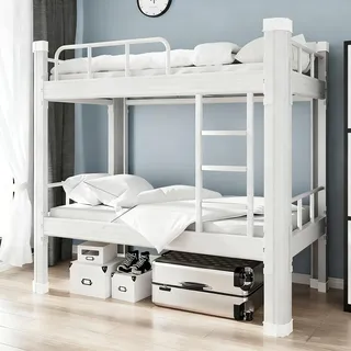 Hochbett 100x200 Bettgestell Metallbett Doppelstockbett Erwachsene Etagenbett Stockbett mit Leiter und Bettgestell Robustes Doppelstockbett aus Stahl für Jugendliche und Erwachsene (White, 100x200cm)