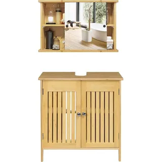 EUGAD Badmöbel-Set, (2-St), Badezimmerschrank mit Spiegelschrank Hängeschrank für Bad Bambus beige