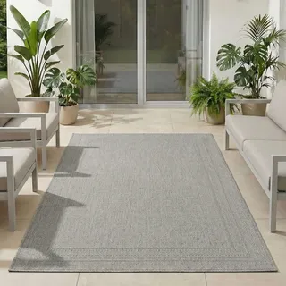 Carpetsale24 Outdoor Teppich Grau 240x340 cm, Wetterfest & UV-beständig, ideal für Küche, Balkon, Terrasse, Garten auch Wohnzimmer und Esszimmer, Einfarbiges Design mit Bordüre, Leicht zu Reinigen