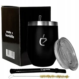 UN MATE – Original Yerba Mate Starter-Set: Schwarze rostfreie Bombilla, Schwarzer Thermo-Matebecher aus Edelstahl mit Deckel, 350 ml, Reinigungsbürste & elegante Geschenkbox, BPA-frei
