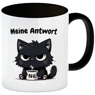 speecheese Miesepeter Katze Kaffeebecher in schwarz mit Spruch: Meine Antwort Nö! Tasse mit süßer struppige Tierillustration einer pelzigen Grummelkatze mit Kaffeetasse in den Händen