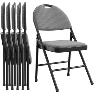 Klappstuhl 6er-Set, Leinenstoff Gepolstert Für Sitz Und Rücken, Stapelbarer Metall-Klappsessel, Gartenstuhl & Gästestuhl Für Veranstaltung Büro Wohnzimmer Esszimmer Balkon, Bis 160 kg, Schwarz-Grau