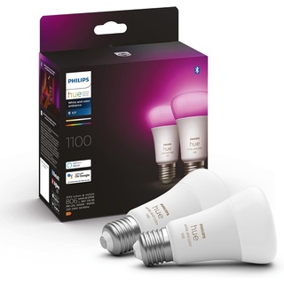 Philips Hue White & Color Ambiance E27 LED Lampen 2-er Pack (1100), TESTSIEGER Stiftung Warentest (01/2024), dimmbare LED Leuchtmittel mit 16 Mio. Farben, smarte Lichtsteuerung über Sprache und App