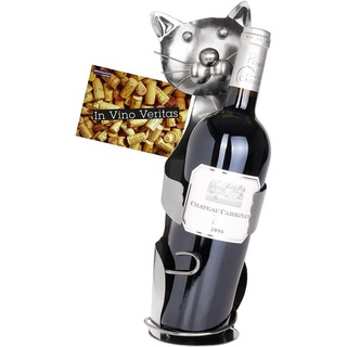 BRUBAKER Weinflaschenhalter Katze - Kater Metall Skulptur Flaschenständer, (1-St), Umarmendes Kätzchen - Metallfigur Weigeschenk für Katzen-Liebhaber - Weinhalter mit Grußkarte - Wein Flaschenhalter silberfarben