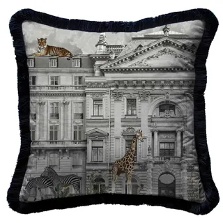 Casa Padrino Luxus Deko Kissen prunkvolles Haus & Tiere Grau / Mehrfarbig / Schwarz 45 x 45 cm - Bedrucktes Samt Kissen mit Fransen - Luxus Deko Accessoires