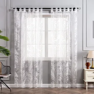 Delien Voile Ausbrenner Gardine mit Blätter Muster transparenter Vorhang mit Schlaufen Wohnzimmer Gardinenschals BxH 140x260cm Weiß 1 St.