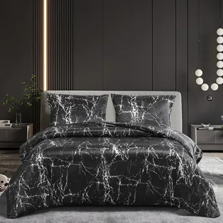Gezu Satin Bettwäsche Glänzend Bettwäsche Marmor 135x200cm Seide Glatt Luxus Glanzsatin Schwarz Weiß Grau Bettwäsche Set Marmor Optik Wende Bettbezug 135x200cm +Kissenbezug 80x80cm mit Reißverschluss