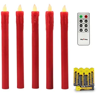 Rhytsing 5 flammenlose Led Stabkerzen Tafelkerzen Rot mit Timer Funktion, Druckknopf, Warmweißes Licht, 25cm, Fernbedienung und Batterien enthalten