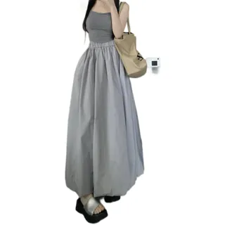 ARESU Ballon-Maxirock für Damen, koreanische Mode, Straße, schwarz, elastische Taille, A-Linie, Retro, lockerer Langer Rock für Damen, lässig, Grau, L