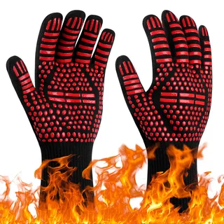 Flintronic Grillhandschuhe Hitzebeständig mit 800°C, Feuerfeste Handschuhe, Backhandschuhe, Kochhandschuhe, Ofenhandschuhe, für Backen, Küche & Grillen - Rot