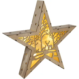 Bambelaa! Holzstern mit Winterkulisse Fensterdeko zum Stellen mit 10 warmweißen LEDs batteriebetrieben für Innen aus Holz und Kunststoff ca. 30 x 6 x 30 cm