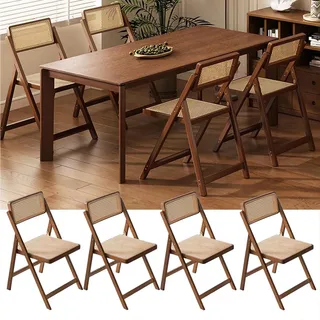 4er Set Esszimmerstühle Holz Klappstühle Rattan klappbar Küchenstühle ohne Armlehne Vintage Akzentstühle Gartenstühle für Esszimmer/Küche/Balkon,walnut