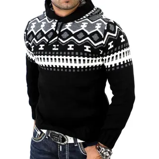 Reslad Strickpullover Reslad Herren Grobstrick Pullover Norweger Winter Kapuzenpullover (1-tlg) Strickpullover Männer Norwegermuster mit Kapuze schwarz XXXL