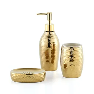 Seifenspender Set Gold, 3-TLG Badzubehör Set aus Keramik, Seifenschale und Luxuriöses Zahnputzbecher für Badezimmer & Gäste-WC