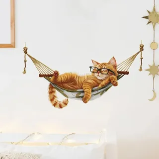 Flaxarne Wandtattoo Katze Wandaufkleber Orangene Katze in Hängematte Cartoon Wanddeko für Kinderzimmer Schlafzimmer Wohnzimmer Selbstklebend Abnehmbar