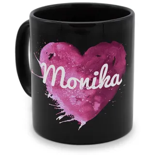 printplanet - Tasse Schwarz mit Namen Monika - Motiv: Painted Heart - Namenstasse, Kaffeebecher, Mug, Becher, Kaffeetasse