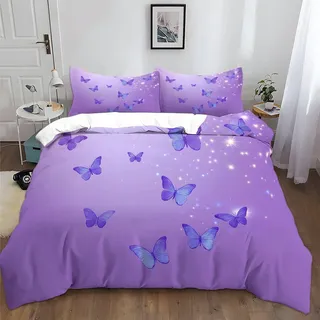 XCQHZYQ Bettwäsche 135x200 cm Lila Schmetterling Romantisches Thema Bettbezug Set für Kinder Jungen Mädchen Weich Atmungsaktiv Baumwolle Polyester Betten Set mit Reißverschluss