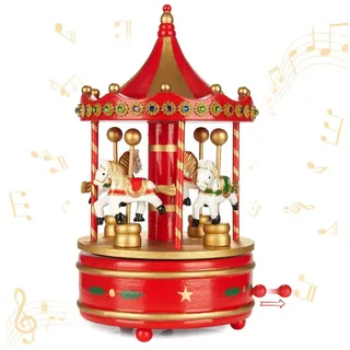BRUBAKER Spieluhr Spieluhr aus Holz - Nostalgie Karussell mit Pferden, (Melodie: Jingle Bells - Musik Box - Rot Gold, 1-tlg), 24 cm Spieldose Dekoration für Weihnachten - Weihnachtsdeko rot