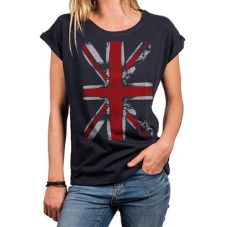 MAKAYA Print-Shirt Damen Top mit Union Jack Fahne - UK Flagge Großbritannien England (Vintage Aufdruck, schwarz, blau, grau) Baumwolle, große Größen blau XXL