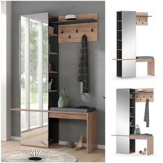 Vicco Flurgarderobe Dielengarderobe Garderobe Adeline Eiche Anthrazit Modern Sitzbank 120x190 cm Schlafzimmer Garderobenspiegel Kleiderhaken Garderobenablage Fach Regal