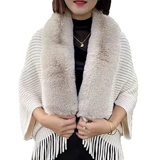Tseonmis Lose verdickter Damen-Strickschal,Winter Warm Cardigan Poncho Cape Decke Pelzkragen, Fuzzy Cardigans für Frauen (M,Beige)