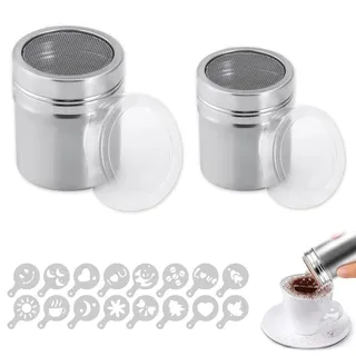 Puderzuckerstreuer,2 Stück Edelstahl Kakaostreuer für Cappuccino | Mehlstreuer mit Deckel,Kakao Streuer für Kaffee Backen Kochen Gebäck - Mit 16 Musterformen