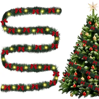 10m Weihnachtsgirlande mit Beleuchtung, Girlande Weihnachten mit 30 Schleifen Weihnachtsgirlande Tannengirlande mit Beleuchtung Weihnachtsbaum Girlande Weihnachten Beleuchtet für Weihnachtsdeko (H)