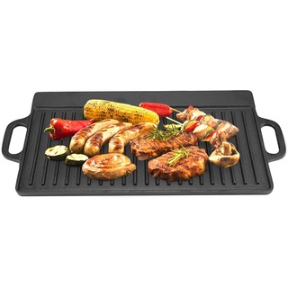 Ejoyous Gusseisen-Grillplatte, Universell einsetzbar für Gaskocher und Induktionsgrill im Freien, Gerippte und Flache Gusseisen-Grillplatte, Schwarz, Rechteckig