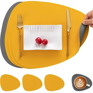 Rhein Beleuchtung Platzset Tischsets und Untersetzer aus Leder, doppelseitig(Graugelb, 4er-Set), (Set, 4-St., tischsets platzsets abwaschbar, tischset leder, tischmatte), Hitzebeständig, wärmeisolierend, rutschfest, beidseitig verwendbar gelb|grau