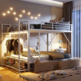Merax Etagenbett 140x200 cm aus Metall, Stockbett mit LED-Beleuchtung, Bettgestell mit 2 Schubladen & Ablageflächen, Hochbett mit Rausfallschutz für Kinder, Jugendliche, ohne Matratze, Weiß