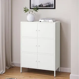 skølm Atriona Kommode 80 cm, mit 3 Fächern, Weiß, Sideboard mit 6 Türen | Metallschrank, Kleiner Mehrzweckschrank breit, höhenverstellbare Füße, Aufbewahrungsschrank, Wohnzimmerschrank, Flurschrank