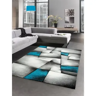 CARPETIA Teppich Abstraktes Karomuster Türkis Grau Schwarz 60x110 cm | Angenehm weich, pflegeleicht und strapazierfähig, mit Konturenschnitt, OEKO-TEX geprüft, für Wohn-, Schlaf- & Jugendzimmer