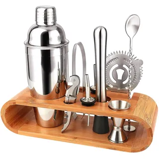Barkeeper Set - Cocktail-Shaker Set Cocktail Zubehör 10-teiliges Bar Tool Set mit schlankem Bambus-Standfuß, Martini-Shaker für die Küche, Perfect Home Bartending Kit für ein fantastisches Mixerlebnis