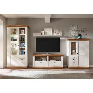 Home affaire Wohnwand Cremona, Anbauwand im Landhausstil, Komplettset, Wohnzimmer-Set, enthält Vitrine, Lowboard, Stauraumelement und Wandboard, 376 cm breit weiß