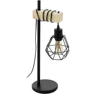 EGLO Tischleuchte Townshend 5, Vintage Tischlampe im Industrial Design, Retro Lampe, Nachttischlampe aus Stahl, Holz, Farbe Schwarz, braun, FSC Zertifiziert, Fassung E27, inkl. Schalter
