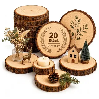 lindahandel Dekotablett Holzscheibe rund 14-15cm unbehandelt – Kiefer Naturholz (20 St), Baumscheibe ohne Loch für DIY, Deko & Hochzeit – 10mm stark beige