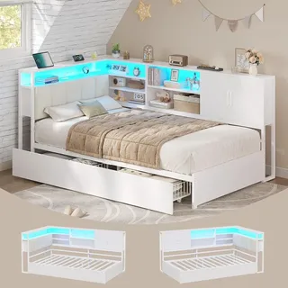 AODEMOKO Polsterbett 90x200cm, Jugendbett mit LED-Beleuchtung und USB-Ladestation, Tagesbett mit Lattenrost aus Metall und 2 Schubladen, Ohne Matratze - Weiß