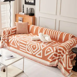 VanderHOME Chenille Sofa Überwurfdecke Große 2/3 Sitzer Sofaüberwurf Vielseitige Wohndecke als Dekodecke, Couch Überwürf, Sofa Überzug und Tagesdecke mit Deko Quasten 180 * 420cm-Orange