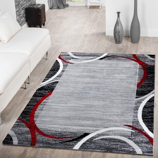 TT Home Wohnzimmer Teppich Kurzflor Modern Meliert Gewelltes Design Mit Umrandung, Farbe: Grau Rot Anthrazit, Größe:140x200 cm