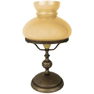 Licht-Erlebnisse Tischleuchte Glas Echt-Messing H: 39 cm D: 22,5 cm in Bronze Antik matt Creme Jugendstil Öllampen Design E27 Tischlampe Wohnzimmer