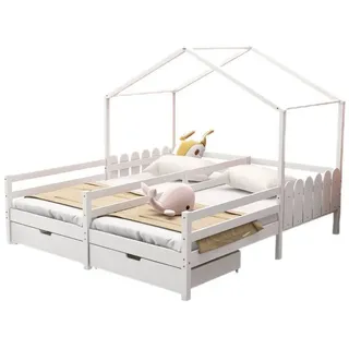 TavilaEcon Kinderbett Hausbett Doppelbett Gitterbett mit 2 MDF-Schubladen, 90x200cm, Schubladen auf Rollen, Weiß weiß