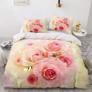 Luowei Blumen Bettwäsche 200x200cm Rosa Rosen Blüten Bettbezug Set 3 Teilig Weiche Microfaser Mädchen Bettwäsche mit Reißverschluss und 2 Kissenbezüge 80 x 80cm