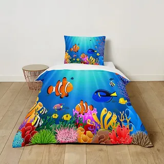 Surwin Kinderbettwäsche Set mit 3D Meereslebewesen Drucken und Reißverschluss, Baby Bettwäsche Set mit Mikrofaser Bettbezug und Kissenbezug für Kids Mädchen Jungen (Clownfisch,135x200cm+80x80cm)