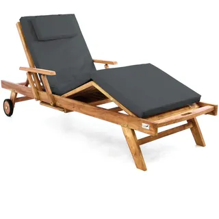 Divero Sonnenliege Holzliege Gartenliege Teak-Holz behandelt mehrfach verstellbar inkl. Räder Tablett + Liegen-Auflage 4-teilig wasserabweisend anthrazit