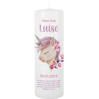 Striefchen® Taufkerze 250/80 mm mit Tiermotiven und Aufdruck des Namen und Datum sowie Taufspruch (Einhorn)