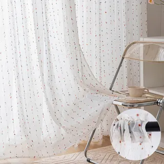 2er Set Gardine Vorhang Halbtransparent Stangendurchzug,Gardine Tüll Bunt Pompons Kinderzimmer Wohnzimmer Schlafzimmer B132xH213cm - Bunt