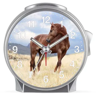 Eurotime Kinder Wecker für Mädchen mit Pferde-Motiv, Kunststoffgehäuse und Kunststoffglas, geräuscharmer Wecker, kein Ticken, mit Licht und Weckwiederholung, 29613-07